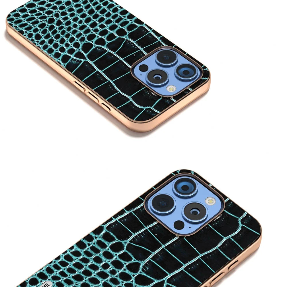 ABEEL For iPhone 16 Pro Case Electroplating Edge Crocodile Texture Genuine Cow Leather Back Phone Cover - Midnight Green - 3