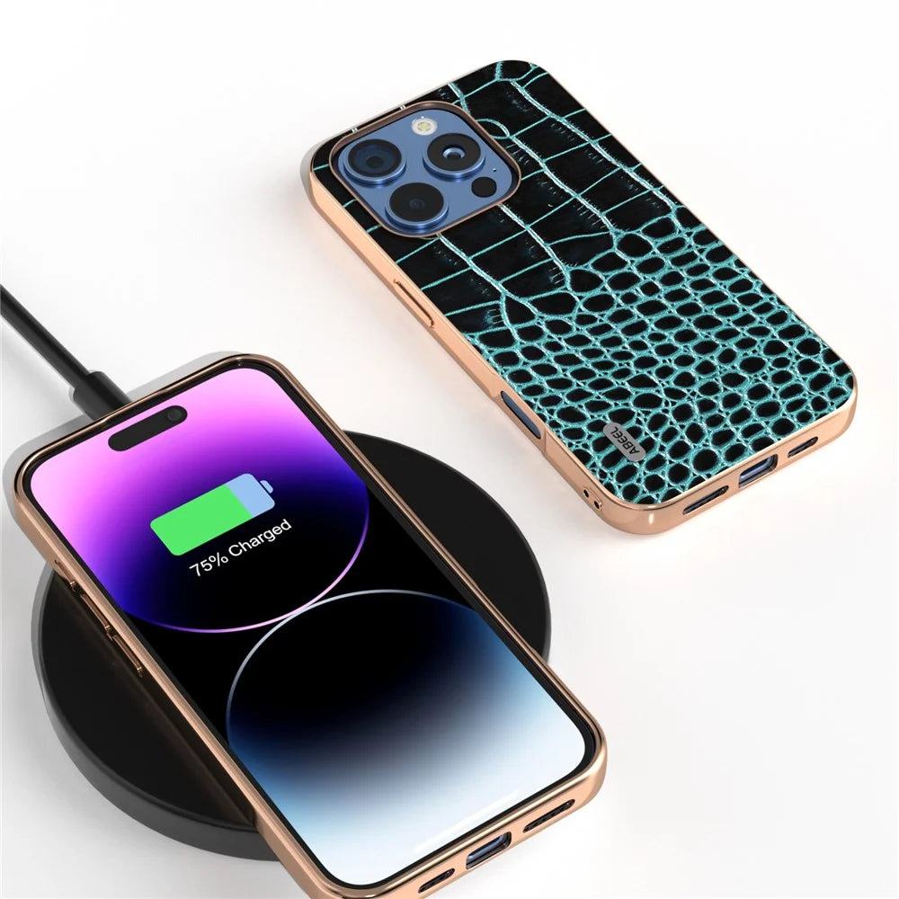 ABEEL For iPhone 16 Pro Case Electroplating Edge Crocodile Texture Genuine Cow Leather Back Phone Cover - Midnight Green - 4
