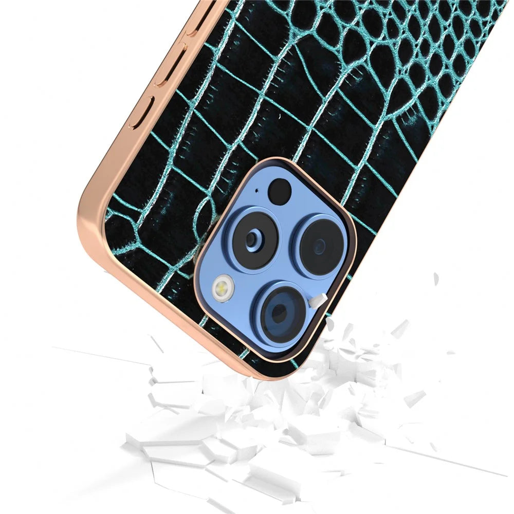 ABEEL For iPhone 16 Pro Case Electroplating Edge Crocodile Texture Genuine Cow Leather Back Phone Cover - Midnight Green - 5