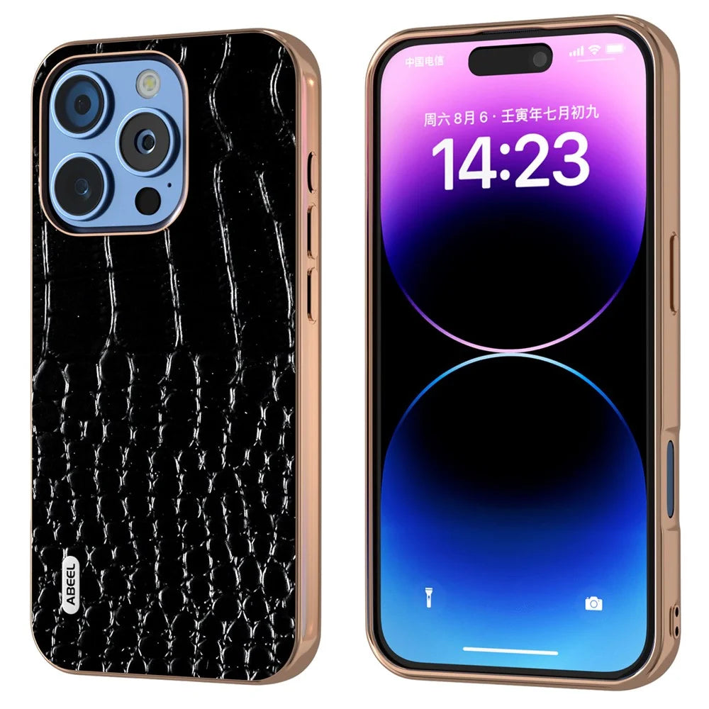 ABEEL For iPhone 16 Pro Max Case Electroplating Edge Crocodile Texture Genuine Cow Leather Back Phone Cover - Black - 1