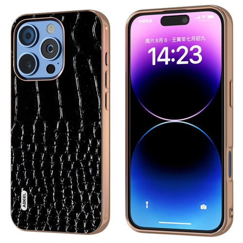 ABEEL For iPhone 16 Pro Max Case Electroplating Edge Crocodile Texture Genuine Cow Leather Back Phone Cover - Black - 1