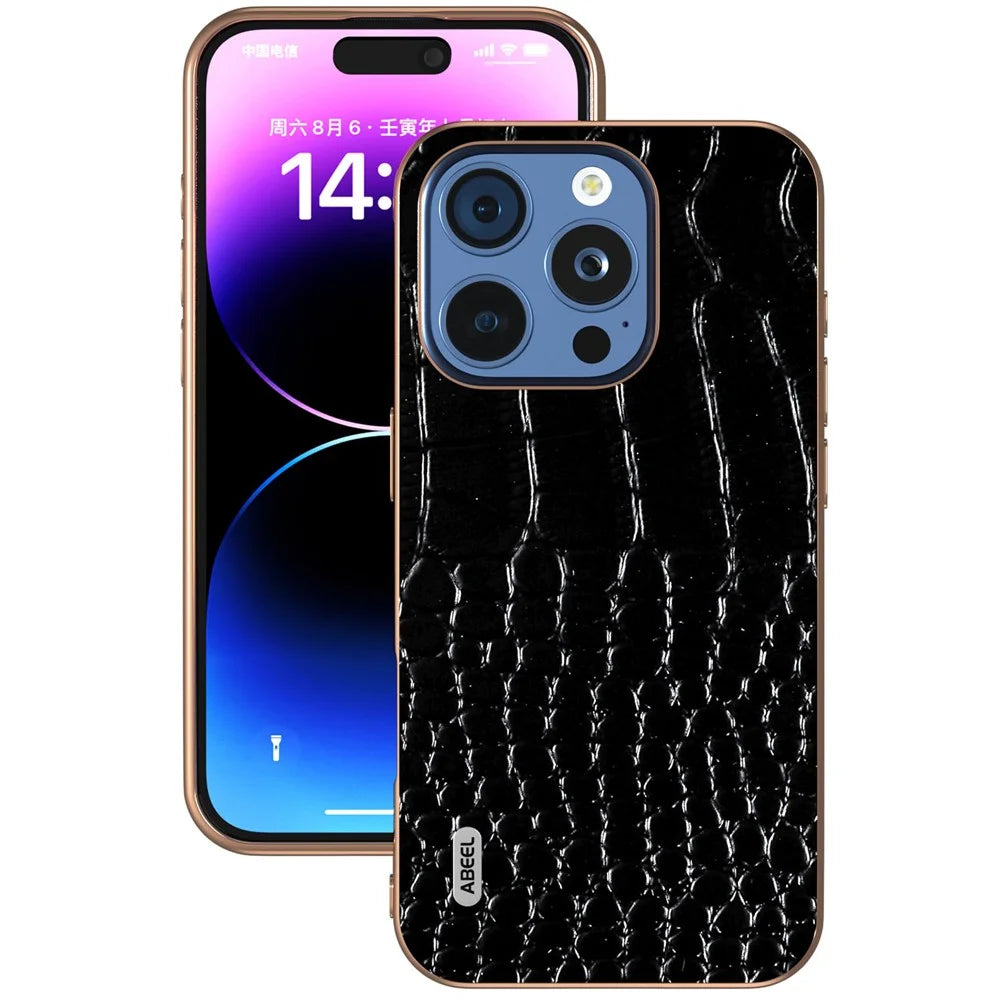 ABEEL For iPhone 16 Pro Max Case Electroplating Edge Crocodile Texture Genuine Cow Leather Back Phone Cover - Black - 2
