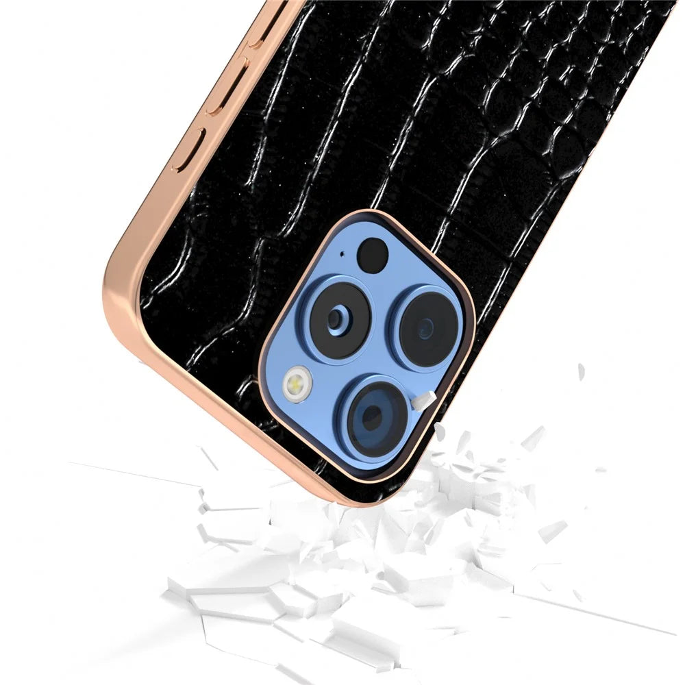 ABEEL For iPhone 16 Pro Max Case Electroplating Edge Crocodile Texture Genuine Cow Leather Back Phone Cover - Black - 5