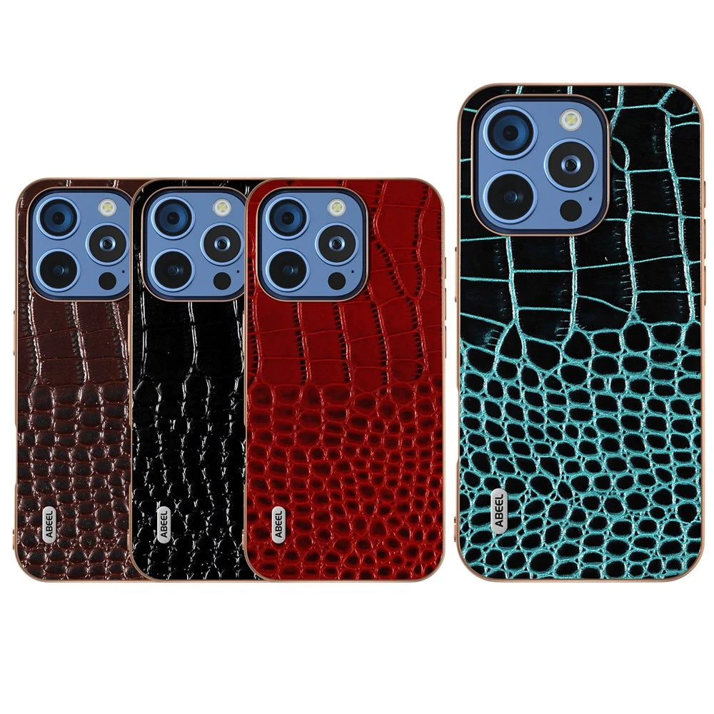ABEEL For iPhone 16 Pro Max Case Electroplating Edge Crocodile Texture Genuine Cow Leather Back Phone Cover - Black - 6