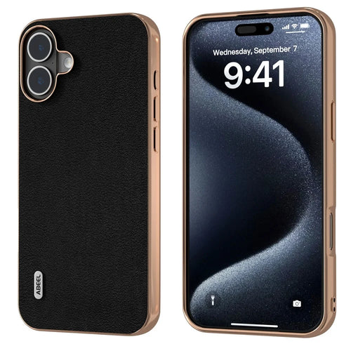 ABEEL For iPhone 16 Case Electroplating Edge Genuine Cow Leather+PC+TPU Phone Cover - Black - 1