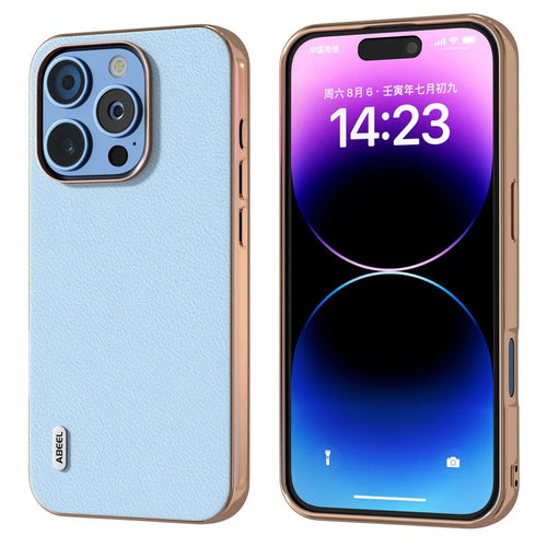 ABEEL For iPhone 16 Pro Case Electroplating Edge Genuine Cow Leather+PC+TPU Phone Cover - Blue - 1