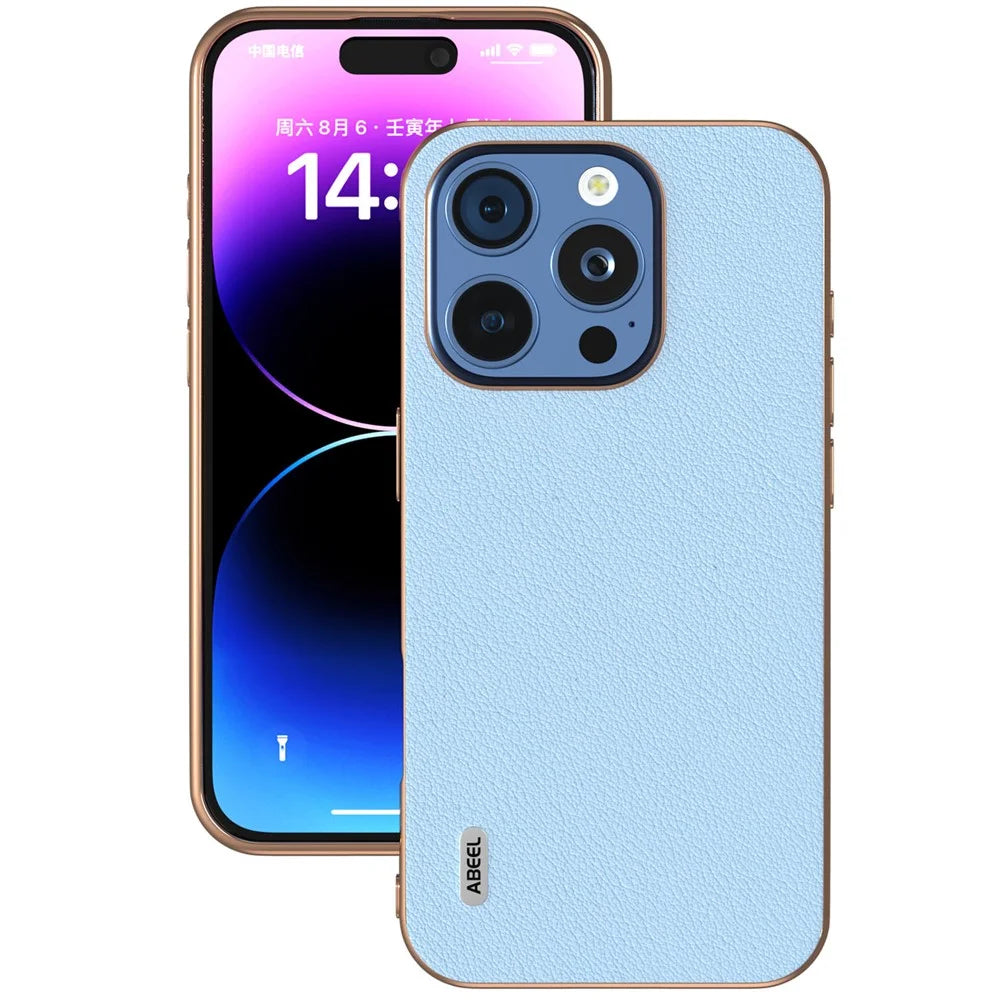 ABEEL For iPhone 16 Pro Case Electroplating Edge Genuine Cow Leather+PC+TPU Phone Cover - Blue - 2
