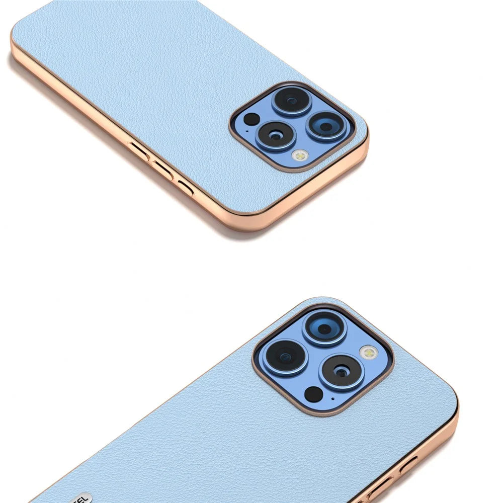 ABEEL For iPhone 16 Pro Case Electroplating Edge Genuine Cow Leather+PC+TPU Phone Cover - Blue - 3