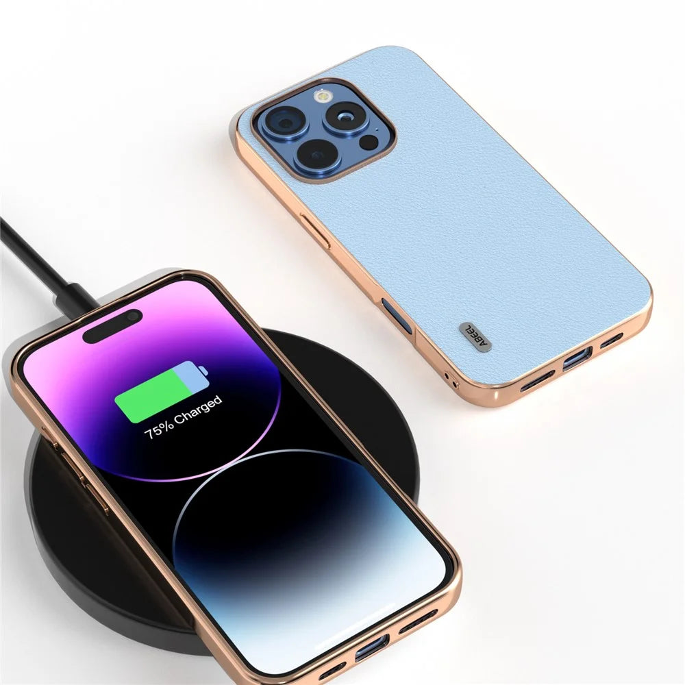 ABEEL For iPhone 16 Pro Case Electroplating Edge Genuine Cow Leather+PC+TPU Phone Cover - Blue - 4