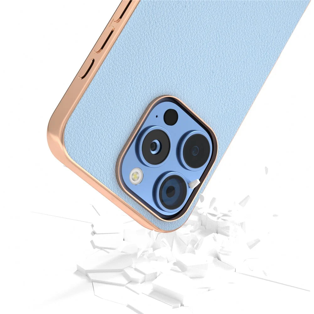 ABEEL For iPhone 16 Pro Case Electroplating Edge Genuine Cow Leather+PC+TPU Phone Cover - Blue - 5