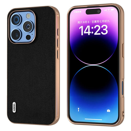 ABEEL For iPhone 16 Pro Max Case Electroplating Edge Genuine Cow Leather+PC+TPU Phone Cover - Black - 1