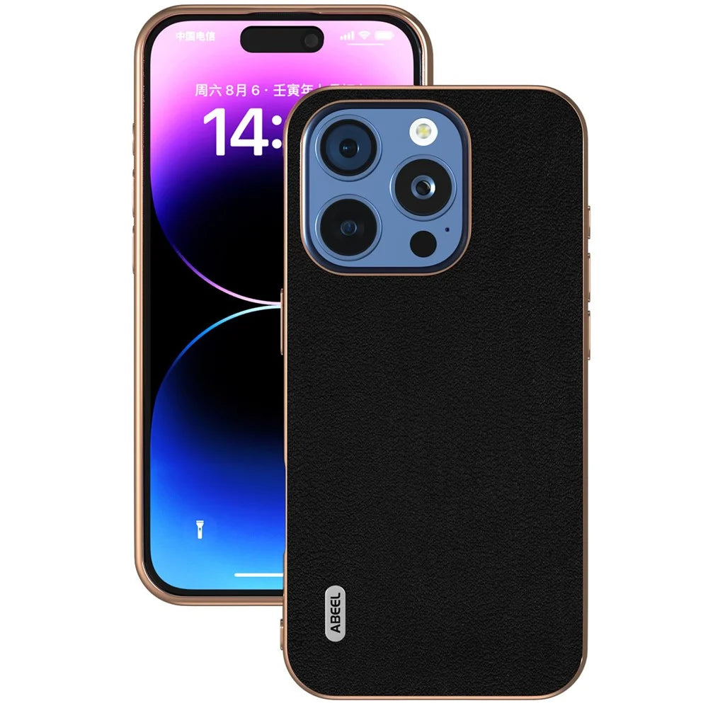 ABEEL For iPhone 16 Pro Max Case Electroplating Edge Genuine Cow Leather+PC+TPU Phone Cover - Black - 2