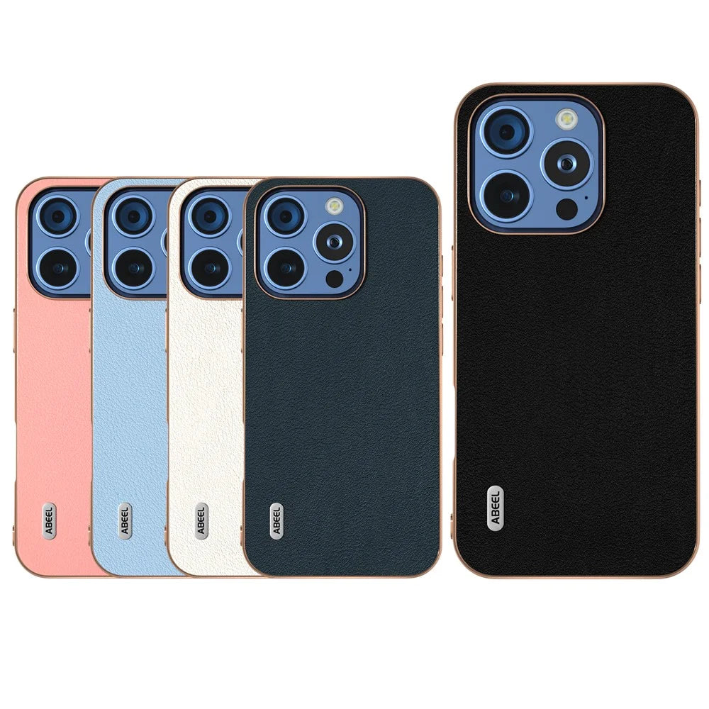 ABEEL For iPhone 16 Pro Max Case Electroplating Edge Genuine Cow Leather+PC+TPU Phone Cover - Black - 6
