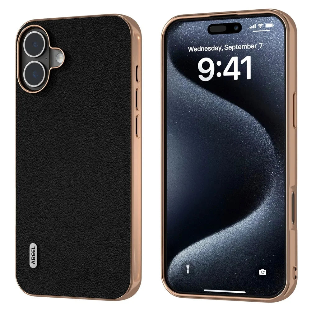 ABEEL For iPhone 16 Plus Case Electroplating Edge Genuine Cow Leather+PC+TPU Phone Cover - Black - 1