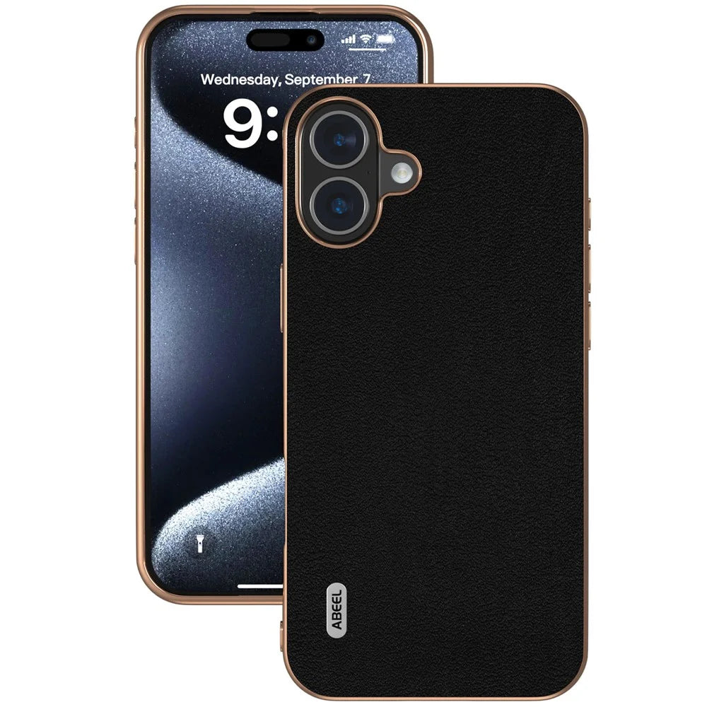 ABEEL For iPhone 16 Plus Case Electroplating Edge Genuine Cow Leather+PC+TPU Phone Cover - Black - 2