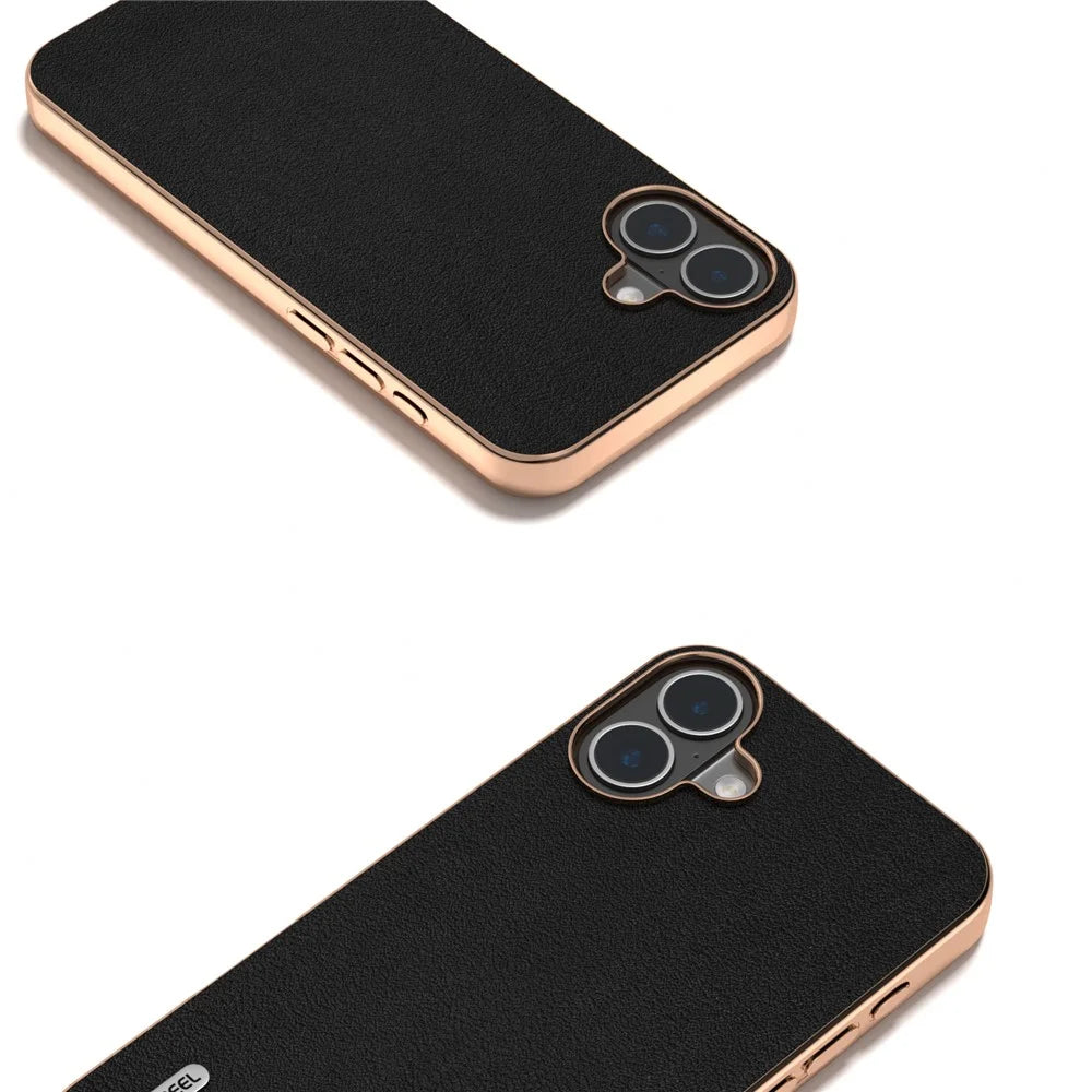ABEEL For iPhone 16 Plus Case Electroplating Edge Genuine Cow Leather+PC+TPU Phone Cover - Black - 3