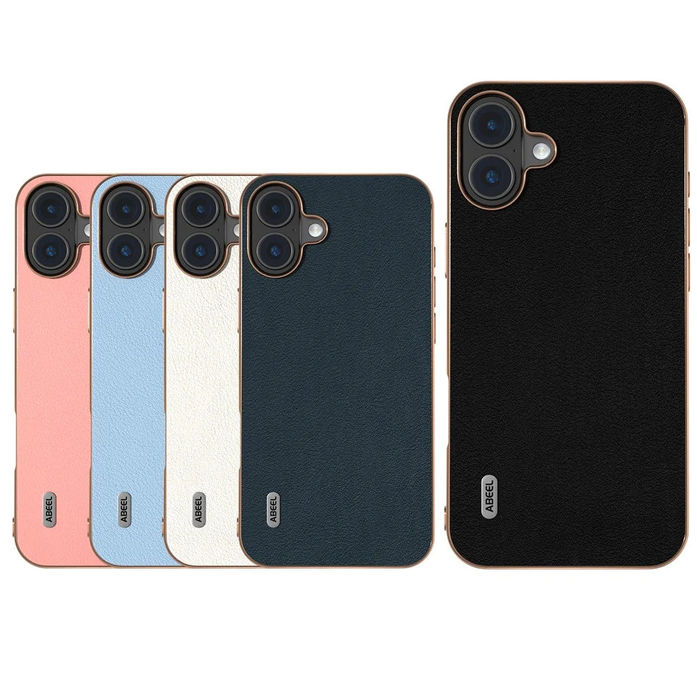 ABEEL For iPhone 16 Plus Case Electroplating Edge Genuine Cow Leather+PC+TPU Phone Cover - Black - 6