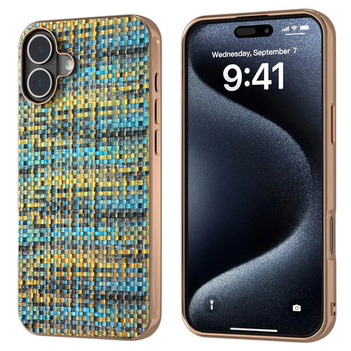 For iPhone 16 Case Electroplating Edge Plaid Texture PU Leather+PC+TPU Phone Cover - Gold - 1