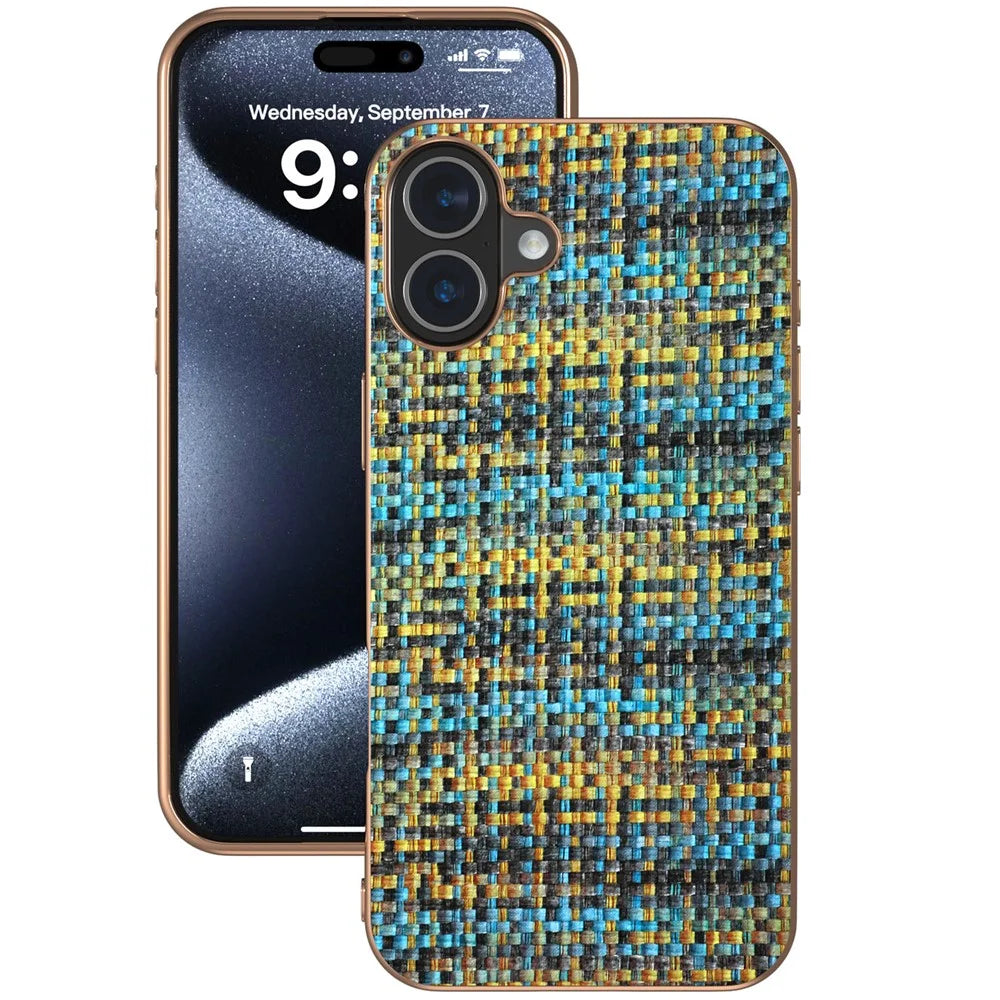 For iPhone 16 Case Electroplating Edge Plaid Texture PU Leather+PC+TPU Phone Cover - Gold - 2