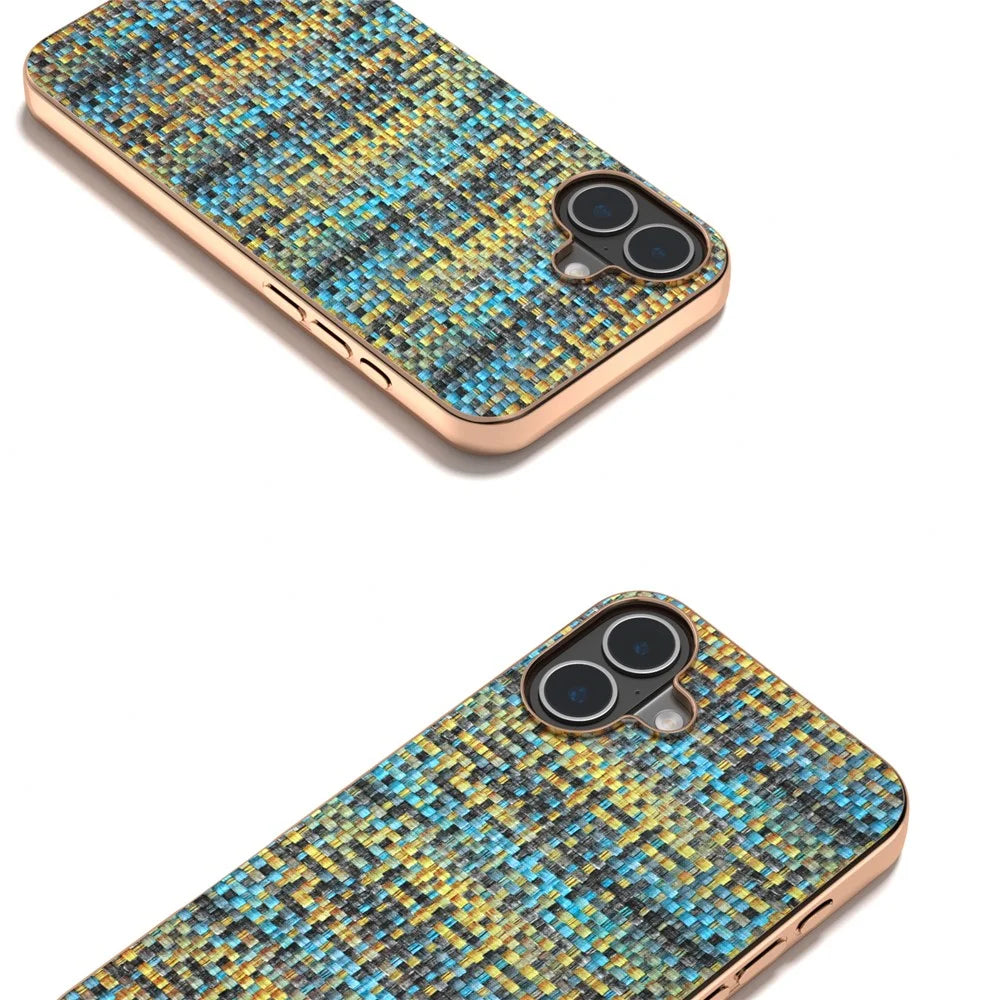 For iPhone 16 Case Electroplating Edge Plaid Texture PU Leather+PC+TPU Phone Cover - Gold - 3