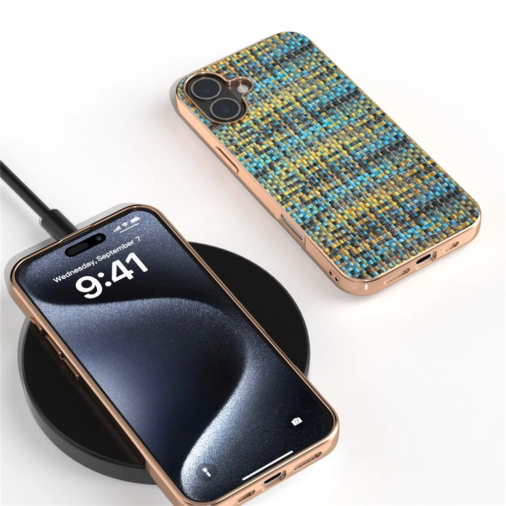 For iPhone 16 Case Electroplating Edge Plaid Texture PU Leather+PC+TPU Phone Cover - Gold - 4