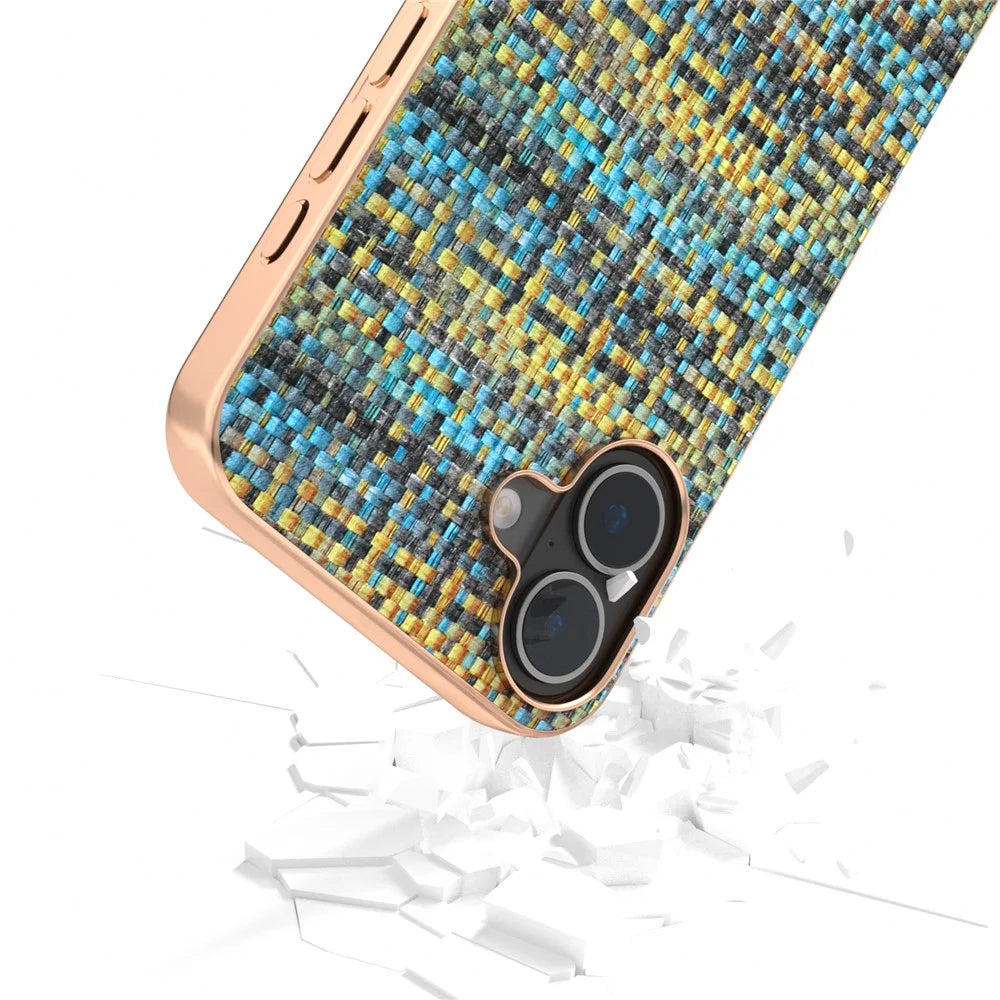 For iPhone 16 Case Electroplating Edge Plaid Texture PU Leather+PC+TPU Phone Cover - Gold - 5