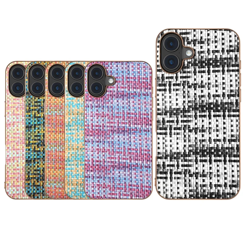 For iPhone 16 Case Electroplating Edge Plaid Texture PU Leather+PC+TPU Phone Cover - Gold - 6