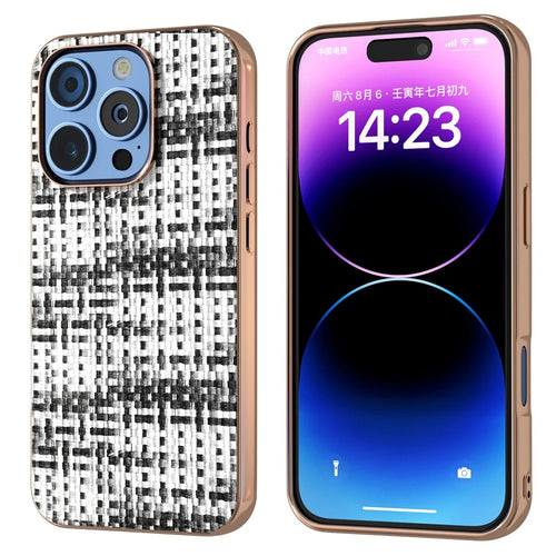 For iPhone 16 Pro Case Electroplating Edge Plaid Texture PU Leather+PC+TPU Phone Cover - Black+White - 1