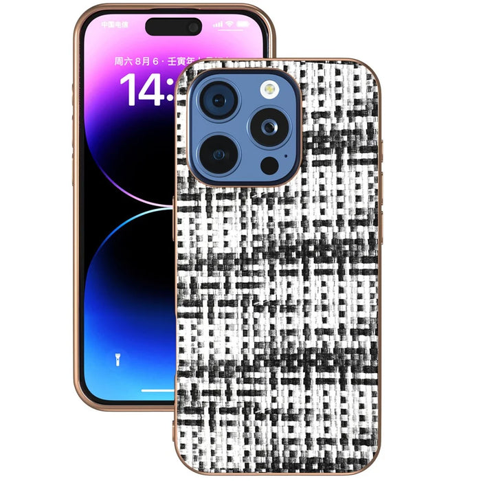 For iPhone 16 Pro Case Electroplating Edge Plaid Texture PU Leather+PC+TPU Phone Cover - Black+White - 2