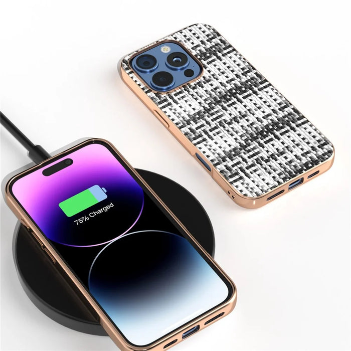 For iPhone 16 Pro Case Electroplating Edge Plaid Texture PU Leather+PC+TPU Phone Cover - Black+White - 4