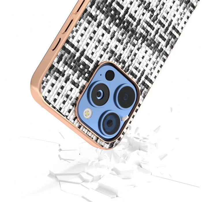 For iPhone 16 Pro Case Electroplating Edge Plaid Texture PU Leather+PC+TPU Phone Cover - Black+White - 5