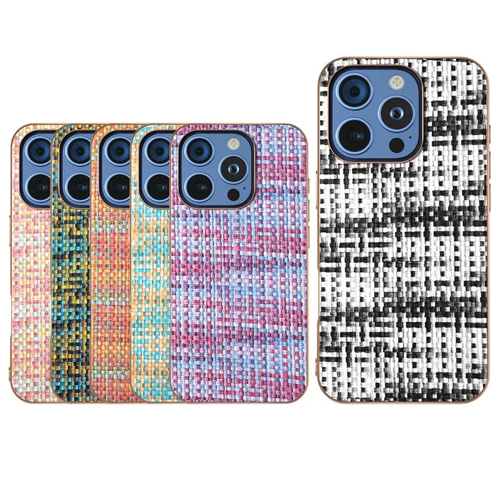 For iPhone 16 Pro Case Electroplating Edge Plaid Texture PU Leather+PC+TPU Phone Cover - Black+White - 6