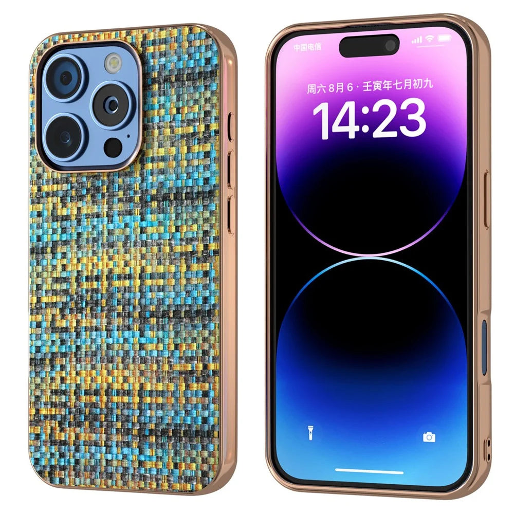 For iPhone 16 Pro Max Case Electroplating Edge Plaid Texture PU Leather+PC+TPU Phone Cover - Gold - 1