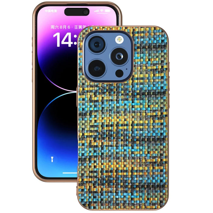 For iPhone 16 Pro Max Case Electroplating Edge Plaid Texture PU Leather+PC+TPU Phone Cover - Gold - 2