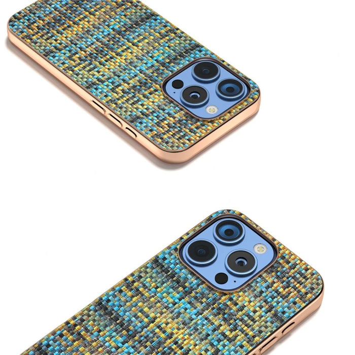 For iPhone 16 Pro Max Case Electroplating Edge Plaid Texture PU Leather+PC+TPU Phone Cover - Gold - 3