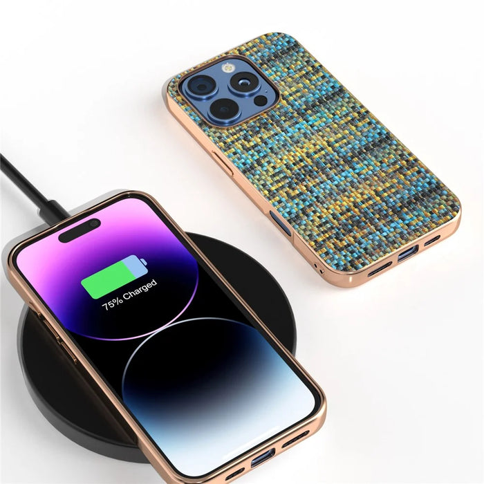 For iPhone 16 Pro Max Case Electroplating Edge Plaid Texture PU Leather+PC+TPU Phone Cover - Gold - 4