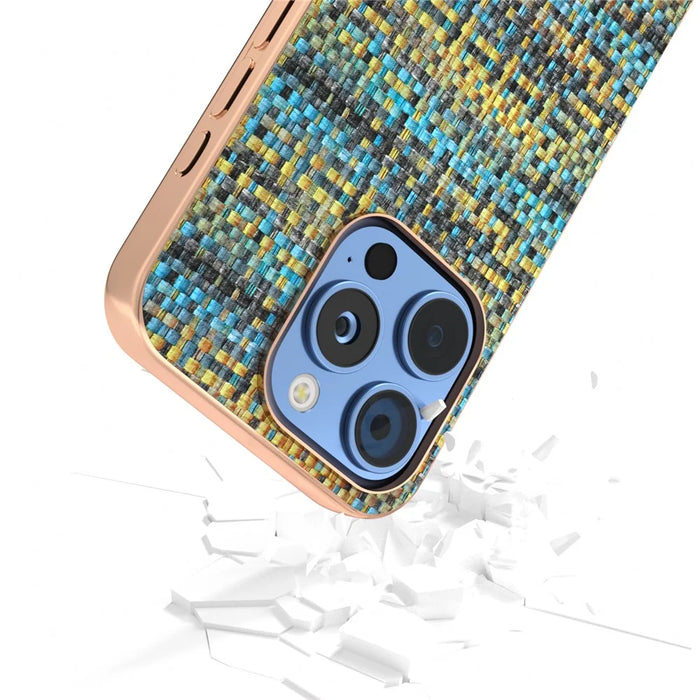 For iPhone 16 Pro Max Case Electroplating Edge Plaid Texture PU Leather+PC+TPU Phone Cover - Gold - 5