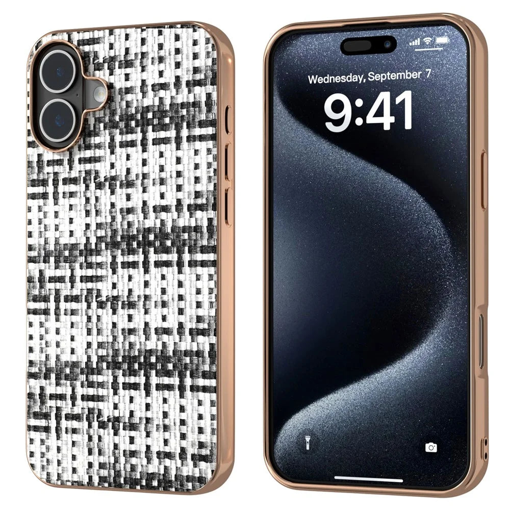 For iPhone 16 Plus Case Electroplating Edge Plaid Texture PU Leather+PC+TPU Phone Cover - Black+White - 1