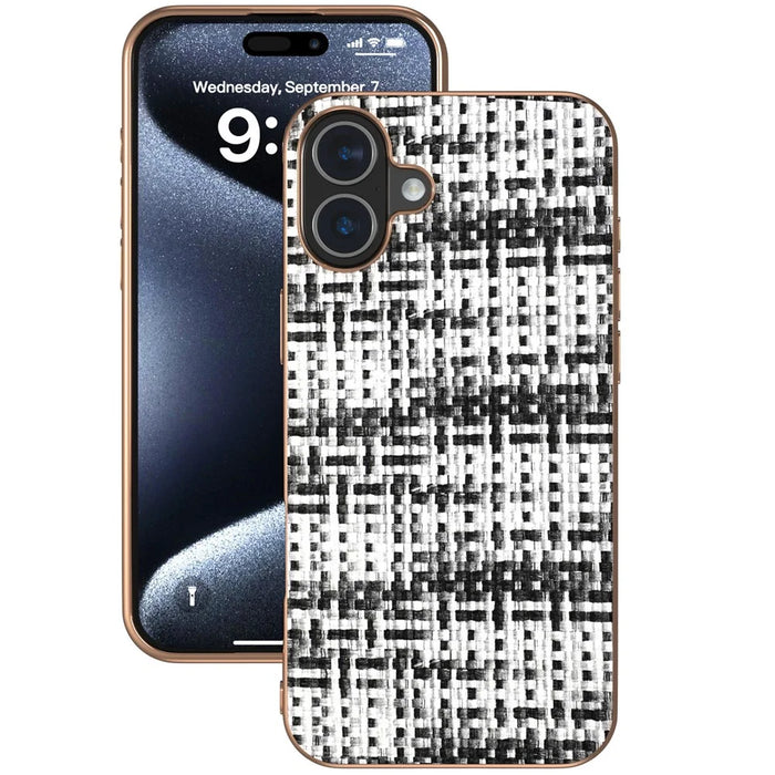 For iPhone 16 Plus Case Electroplating Edge Plaid Texture PU Leather+PC+TPU Phone Cover - Black+White - 2