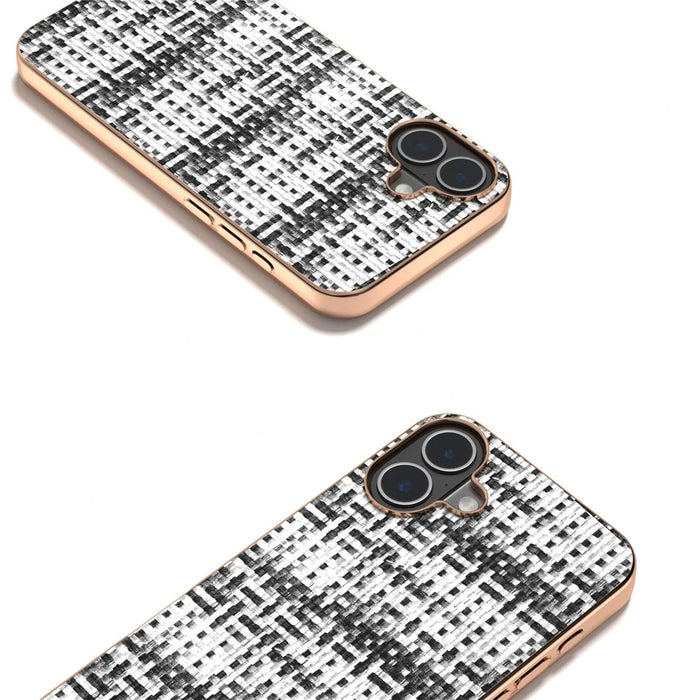 For iPhone 16 Plus Case Electroplating Edge Plaid Texture PU Leather+PC+TPU Phone Cover - Black+White - 3