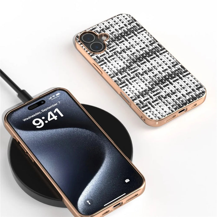 For iPhone 16 Plus Case Electroplating Edge Plaid Texture PU Leather+PC+TPU Phone Cover - Black+White - 4
