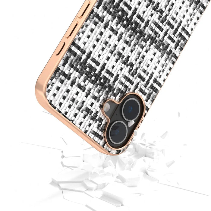 For iPhone 16 Plus Case Electroplating Edge Plaid Texture PU Leather+PC+TPU Phone Cover - Black+White - 5