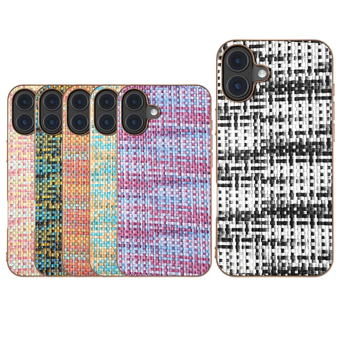 For iPhone 16 Plus Case Electroplating Edge Plaid Texture PU Leather+PC+TPU Phone Cover - Black+White - 6