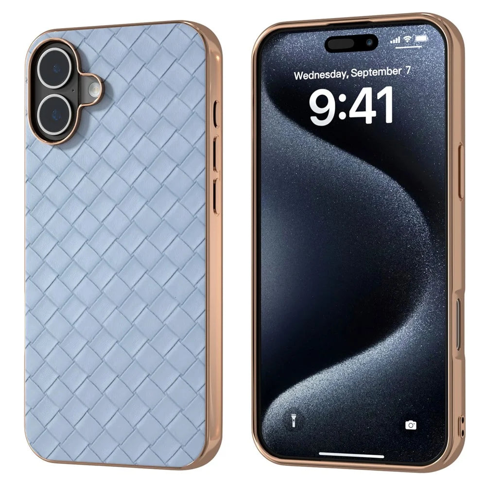 For iPhone 16 Case Woven Texture Electroplating Edge Leather Coated PC+TPU Phone Cover - Baby Blue - 1