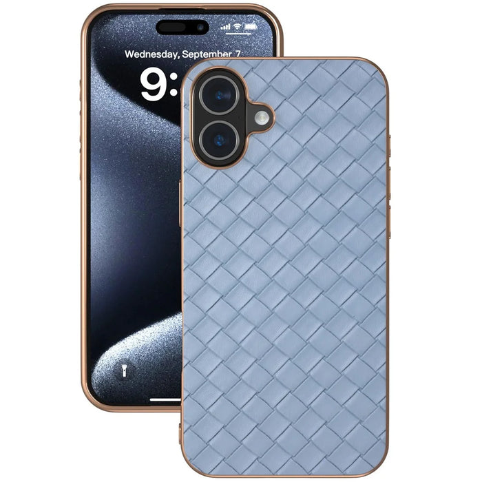 For iPhone 16 Case Woven Texture Electroplating Edge Leather Coated PC+TPU Phone Cover - Baby Blue - 2