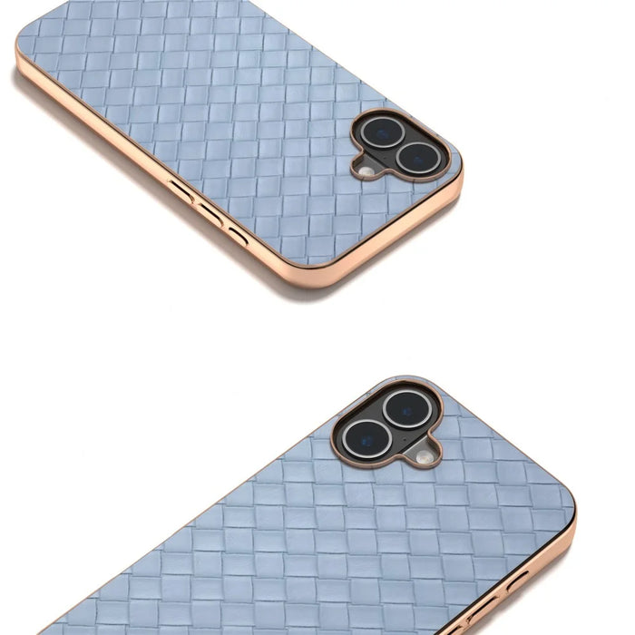 For iPhone 16 Case Woven Texture Electroplating Edge Leather Coated PC+TPU Phone Cover - Baby Blue - 3