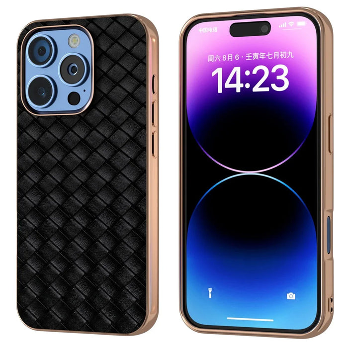 For iPhone 16 Pro Case Woven Texture Electroplating Edge Leather Coated PC+TPU Phone Cover - Black - 1