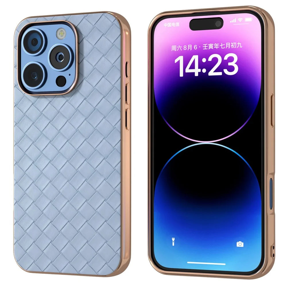 For iPhone 16 Pro Max Case Woven Texture Electroplating Edge Leather Coated PC+TPU Phone Cover - Baby Blue - 1