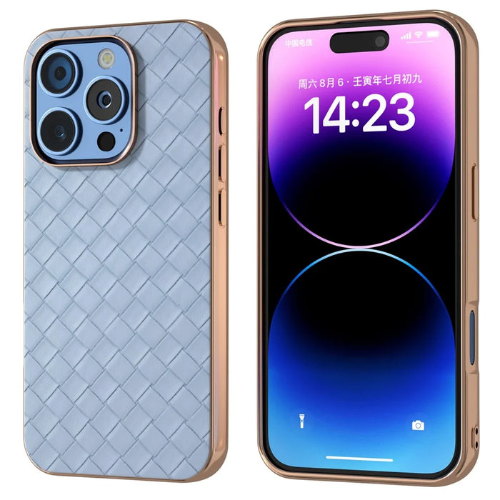 For iPhone 16 Pro Max Case Woven Texture Electroplating Edge Leather Coated PC+TPU Phone Cover - Baby Blue - 1