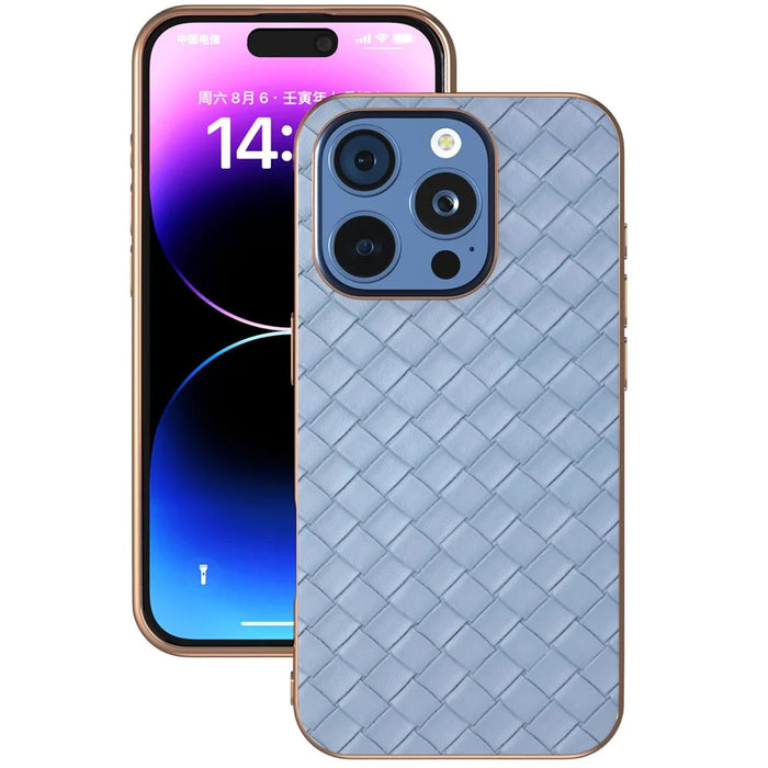 For iPhone 16 Pro Max Case Woven Texture Electroplating Edge Leather Coated PC+TPU Phone Cover - Baby Blue - 2